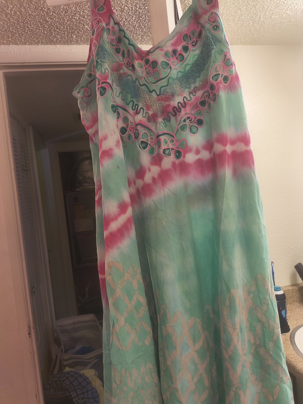 Original Use Aqua and Pink Tie-Dye Embroidered Maxi Dress